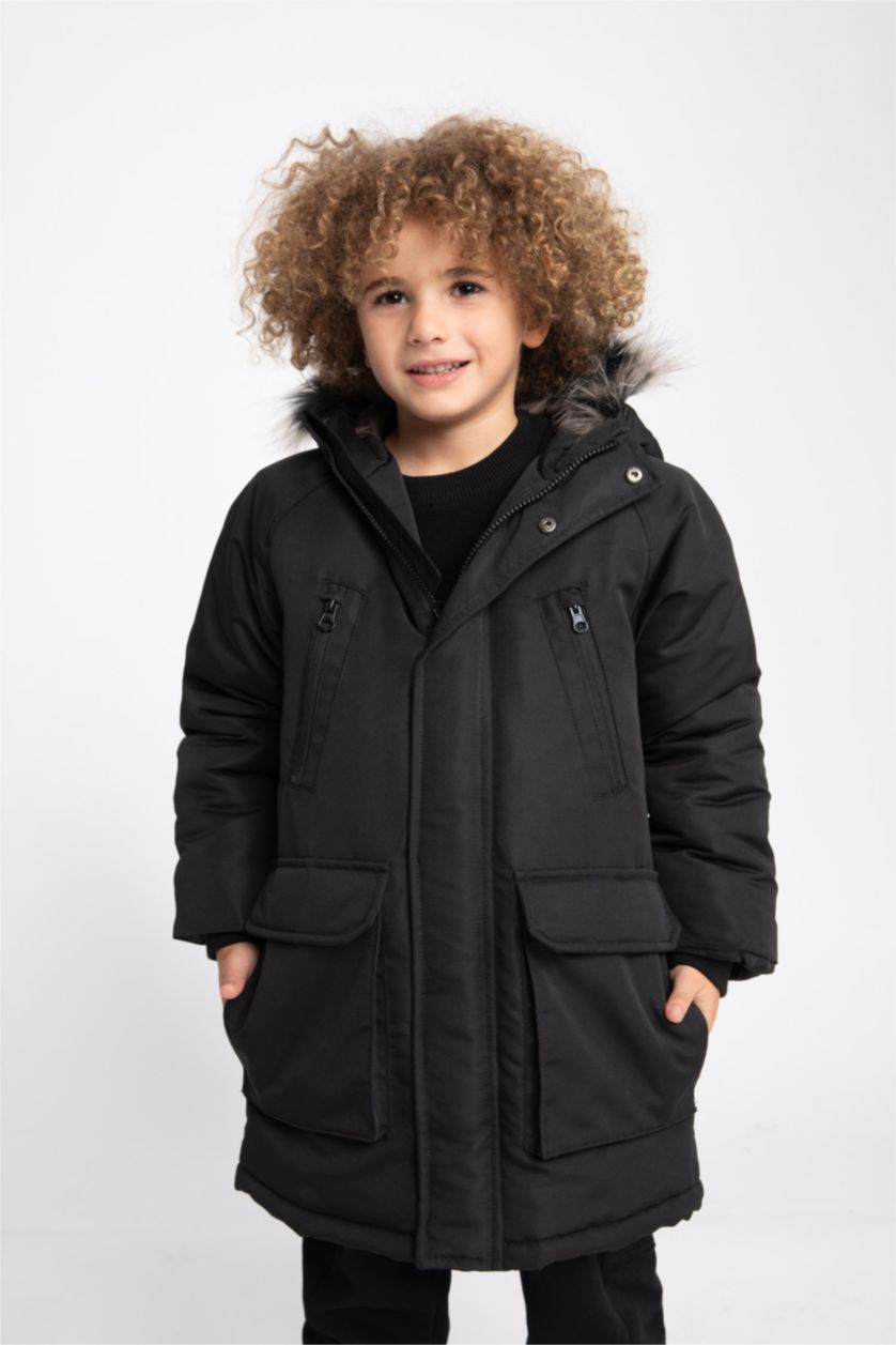 أولاد أسود جاكيت ولادي بغطاء للرأس ببطانة صوفية