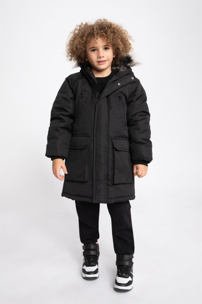 أولاد أسود جاكيت ولادي بغطاء للرأس ببطانة صوفية