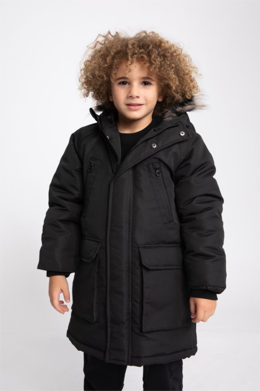 أولاد أسود جاكيت ولادي بغطاء للرأس ببطانة صوفية