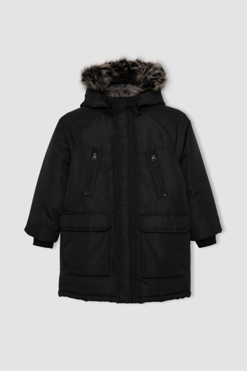 أولاد أسود جاكيت ولادي بغطاء للرأس ببطانة صوفية