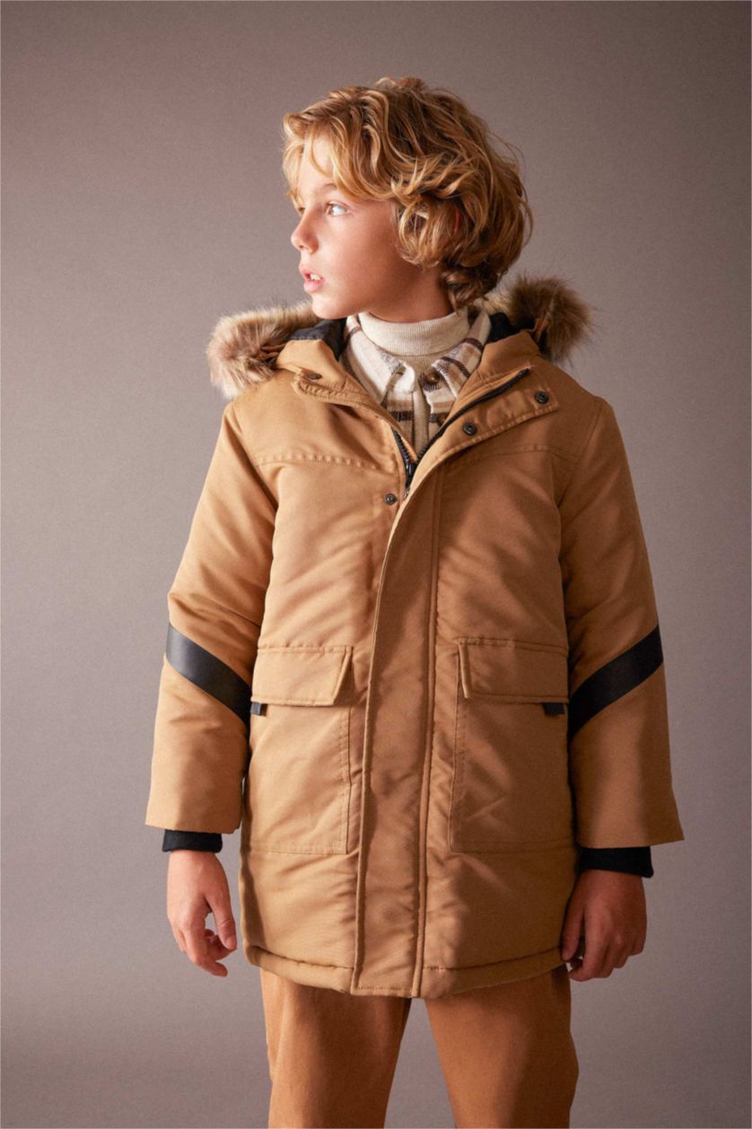 BOYS & TEENS Camel Boy Waterproof Removable Fur Hooded Plush Lining Jacket