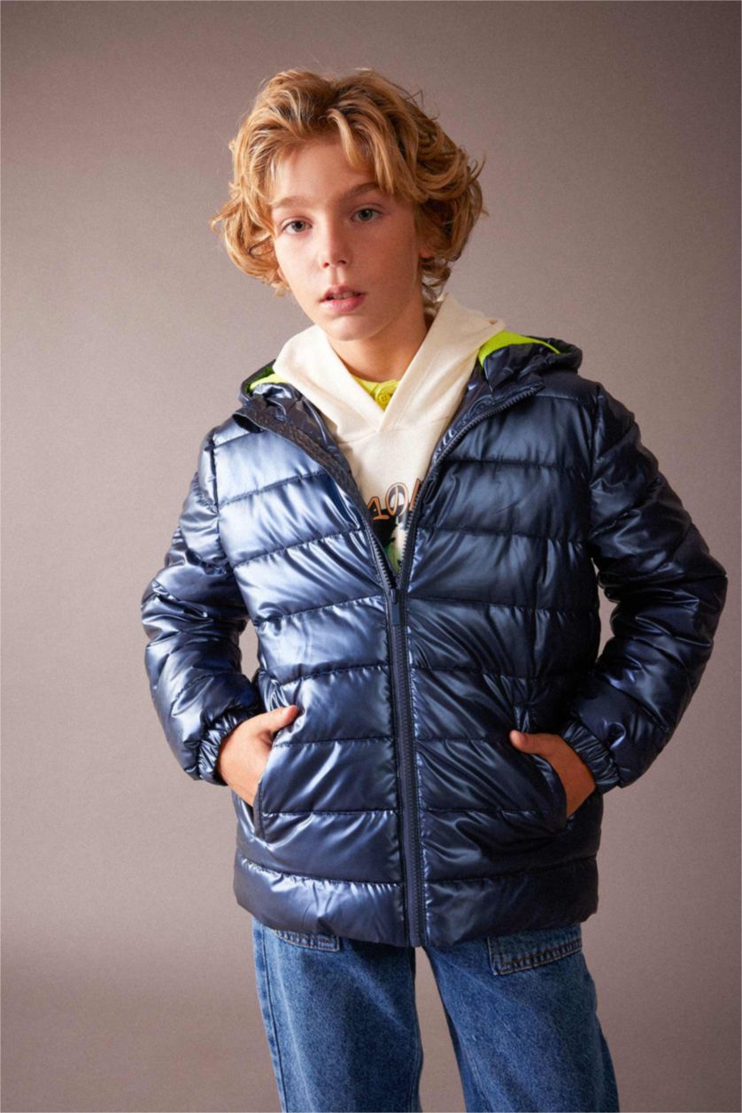 BOYS & TEENS NAVY Boy Hooded Water Repellent Fleece Lined Puffer Jacket