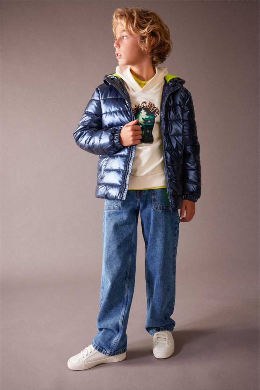 BOYS & TEENS NAVY Boy Hooded Water Repellent Fleece Lined Puffer Jacket