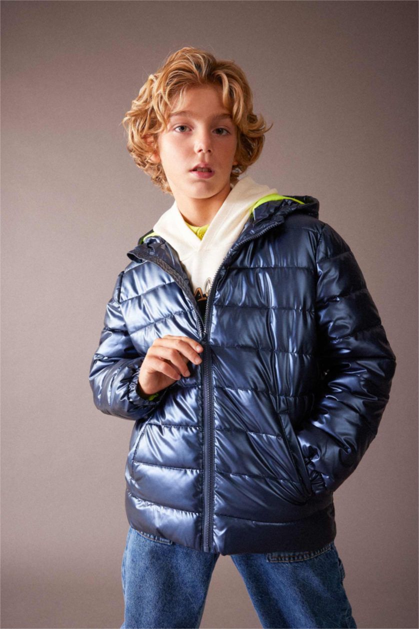 BOYS & TEENS NAVY Boy Hooded Water Repellent Fleece Lined Puffer Jacket