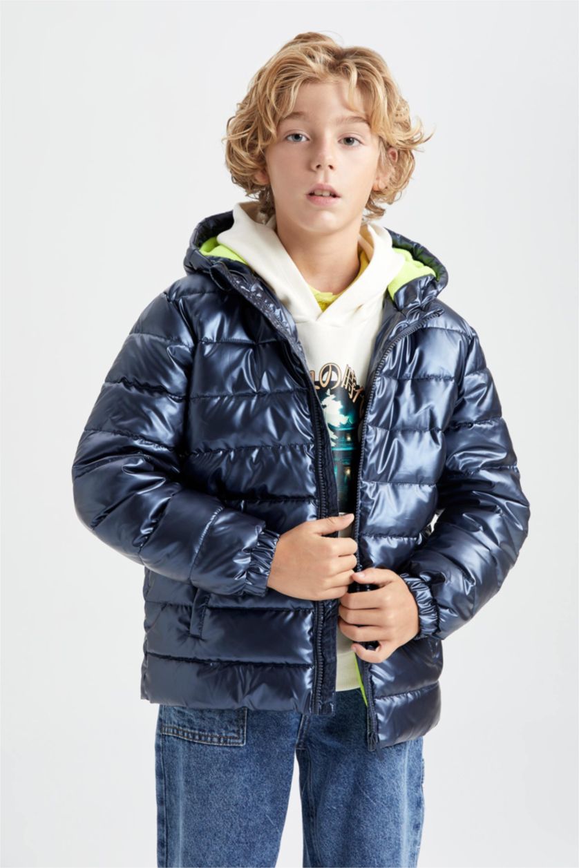 BOYS & TEENS NAVY Boy Hooded Water Repellent Fleece Lined Puffer Jacket