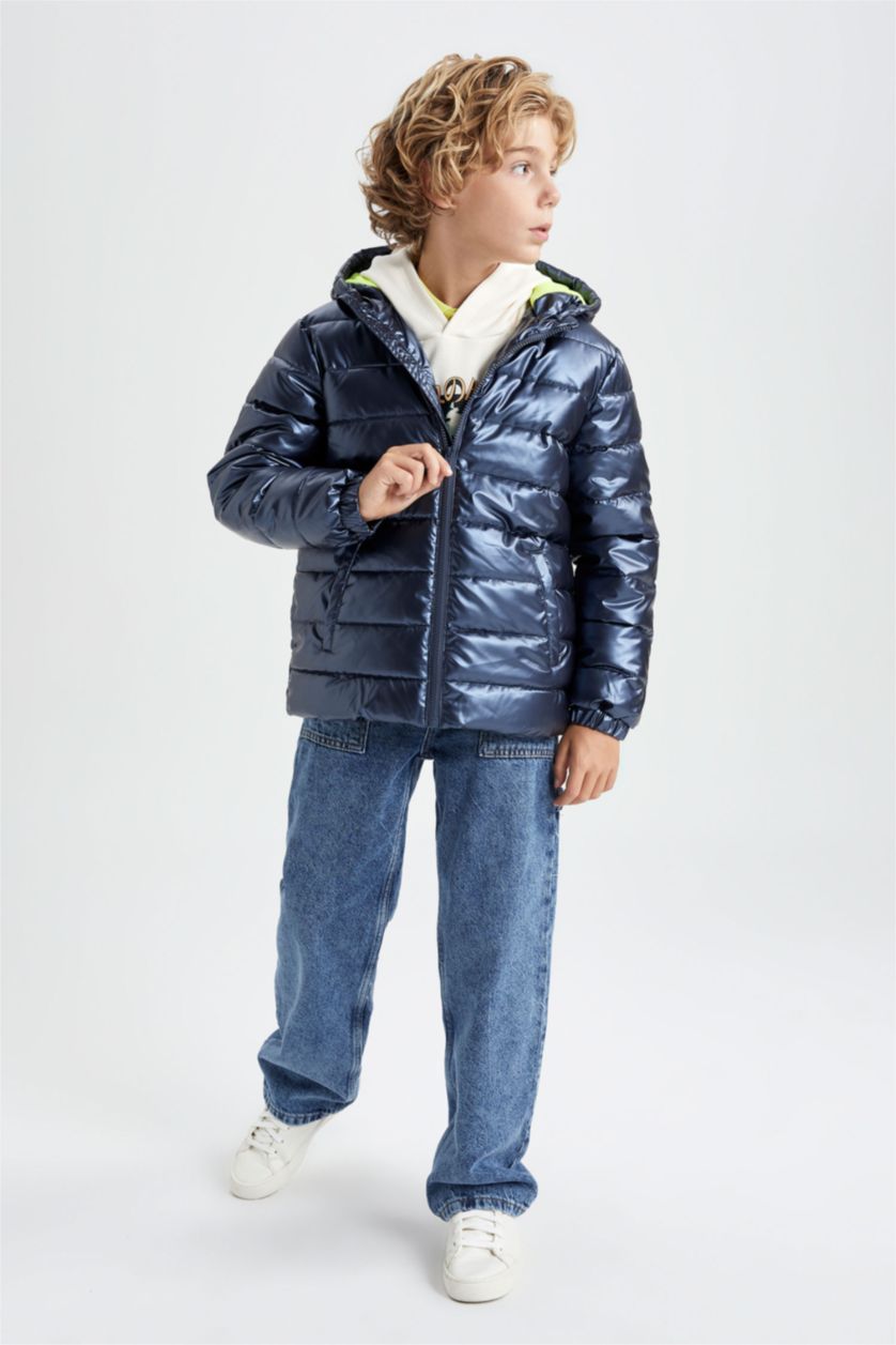 BOYS & TEENS NAVY Boy Hooded Water Repellent Fleece Lined Puffer Jacket