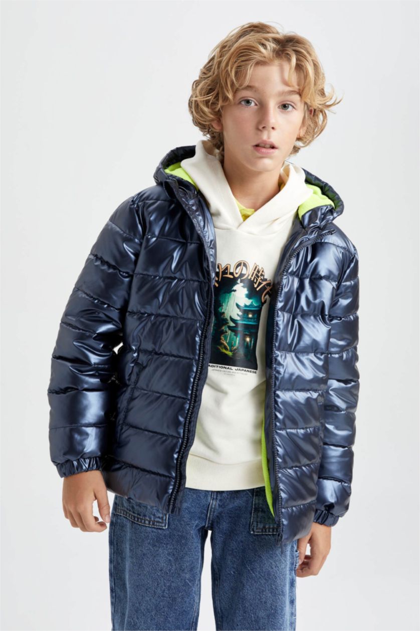 BOYS & TEENS NAVY Boy Hooded Water Repellent Fleece Lined Puffer Jacket