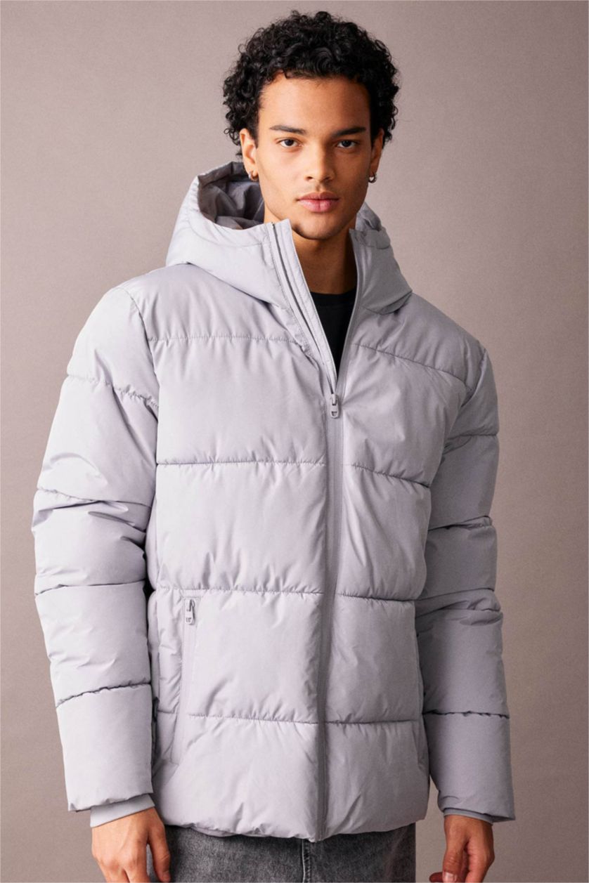 MAN Grey Regular Fit Hooded Puffer Jacket