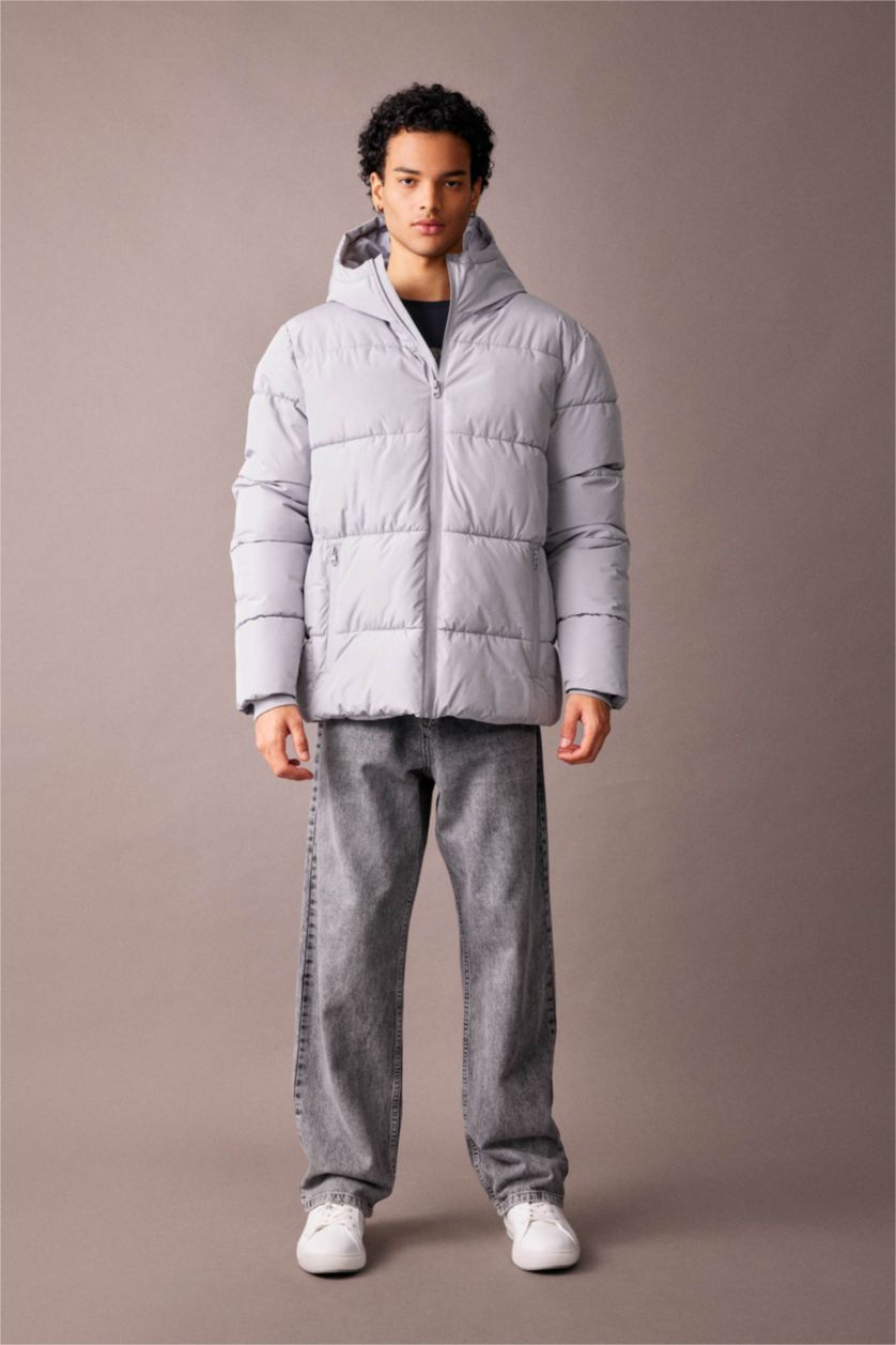 MAN Grey Regular Fit Hooded Puffer Jacket