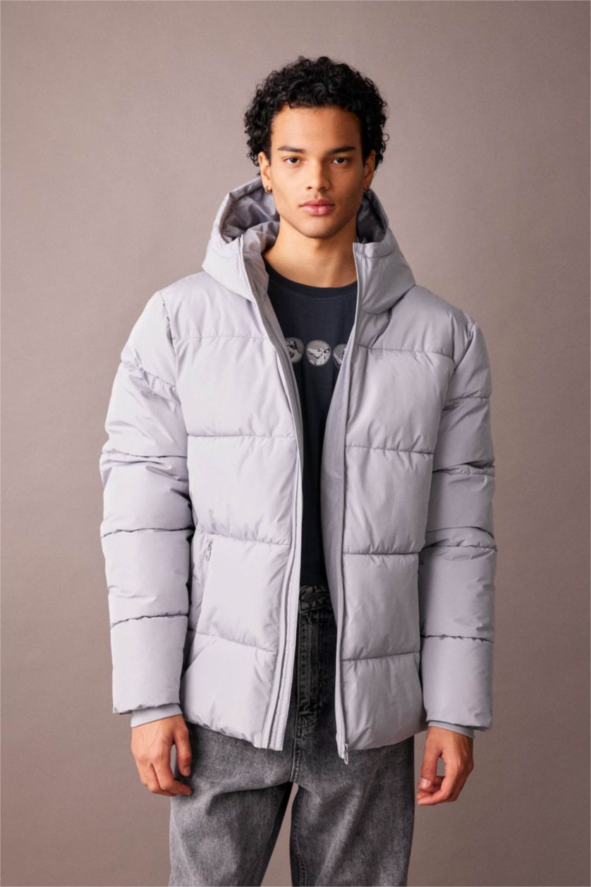 MAN Grey Regular Fit Hooded Puffer Jacket