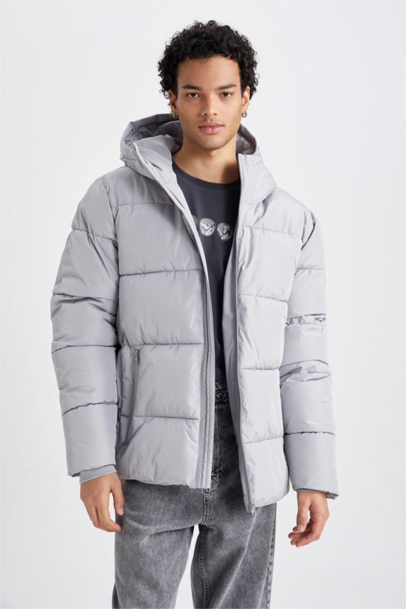 MAN Grey Regular Fit Hooded Puffer Jacket