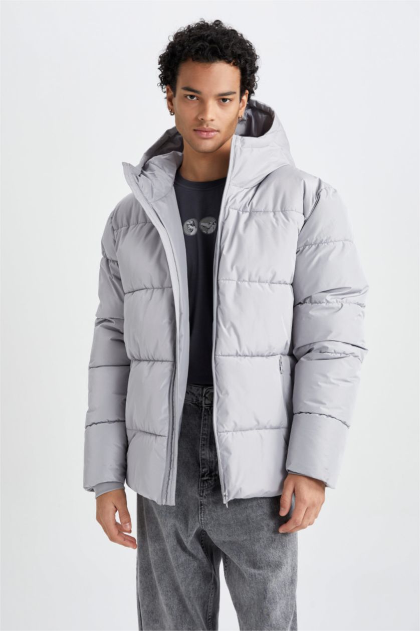 MAN Grey Regular Fit Hooded Puffer Jacket