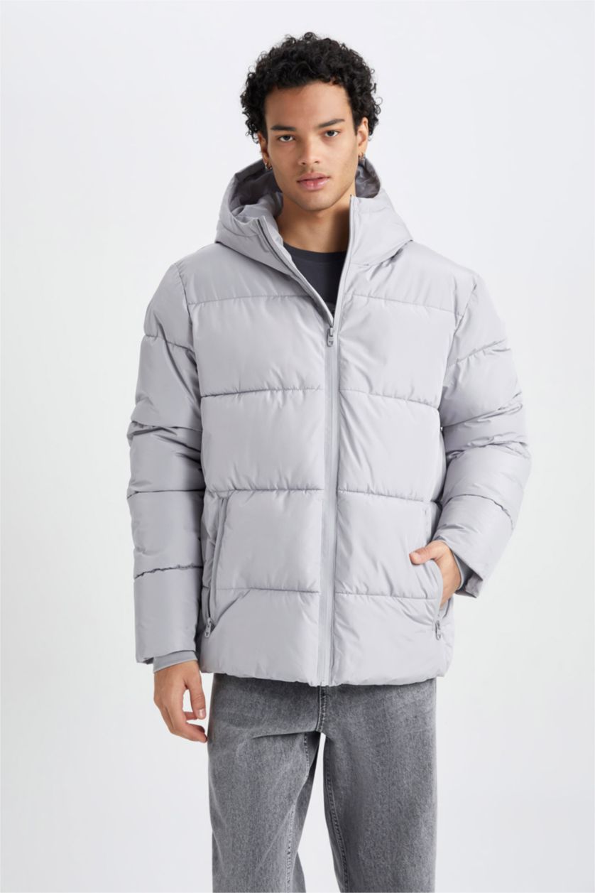 MAN Grey Regular Fit Hooded Puffer Jacket