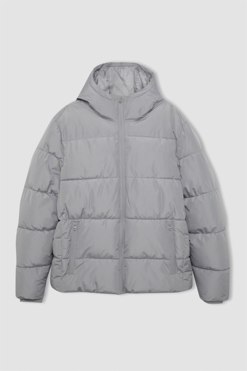 MAN Grey Regular Fit Hooded Puffer Jacket