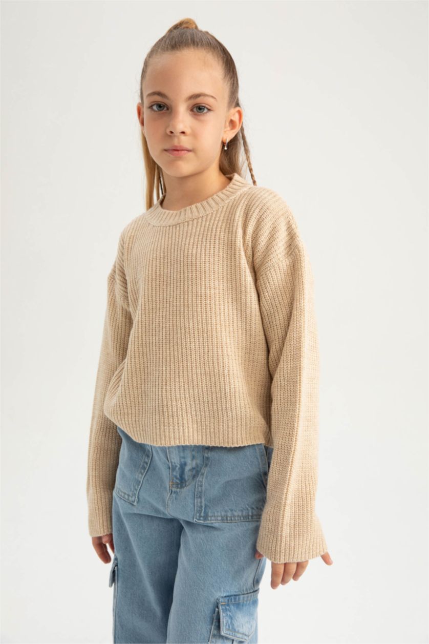 FILLES Beige Pull-Over Coupe Régulière Col Rond Pour Fille