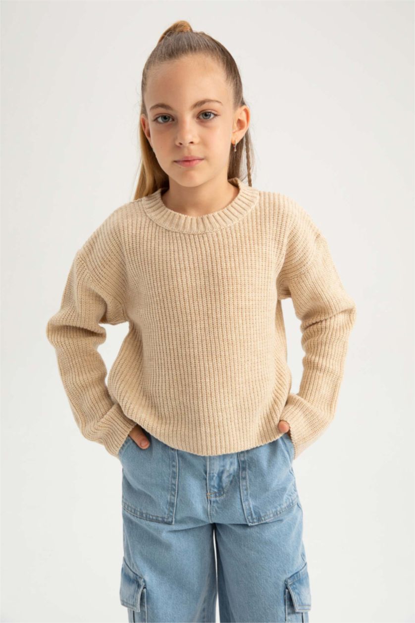 FILLES Beige Pull-Over Coupe Régulière Col Rond Pour Fille