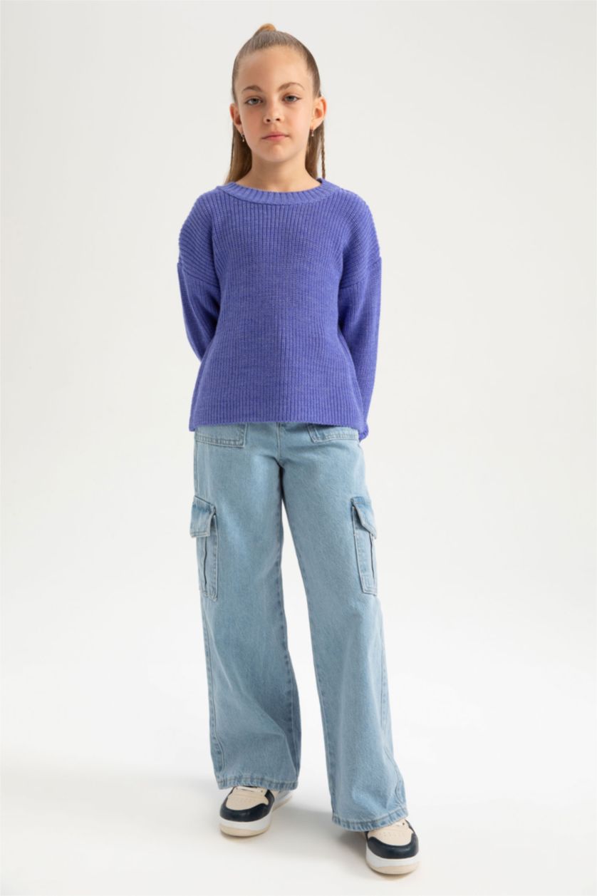 Девочки и подростки Фиолетовый Пуловер стандартного кроя с круглым вырезом для девочек