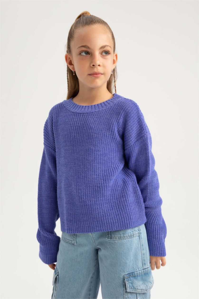 Девочки и подростки Фиолетовый Пуловер стандартного кроя с круглым вырезом для девочек