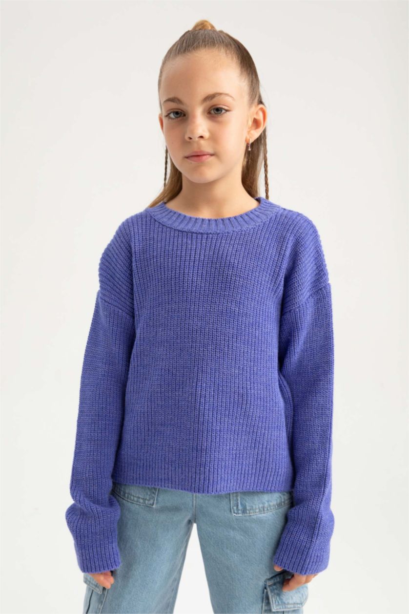 Девочки и подростки Фиолетовый Пуловер стандартного кроя с круглым вырезом для девочек