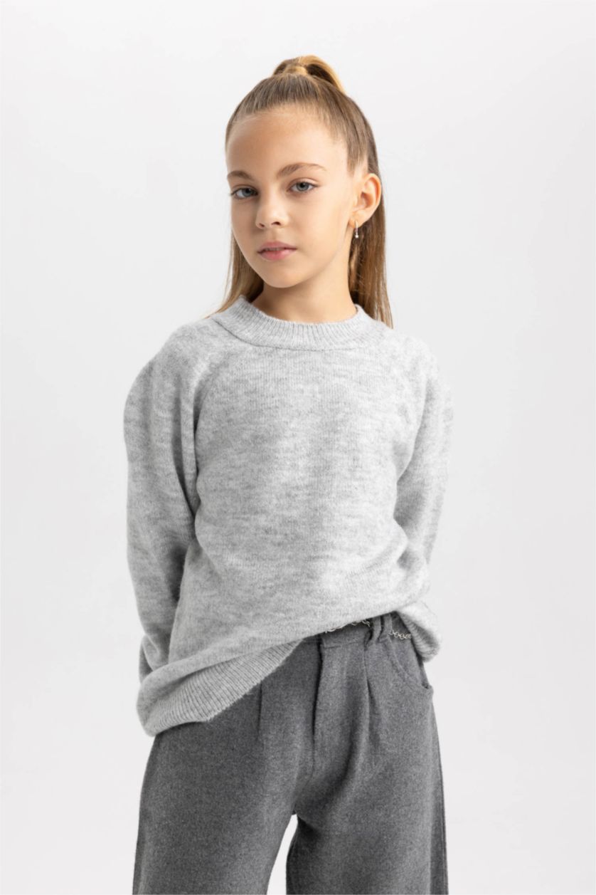 Дівчачий Світло-сірий меланж Пуловер стандартного крою з круглим вирізом для дівчаток