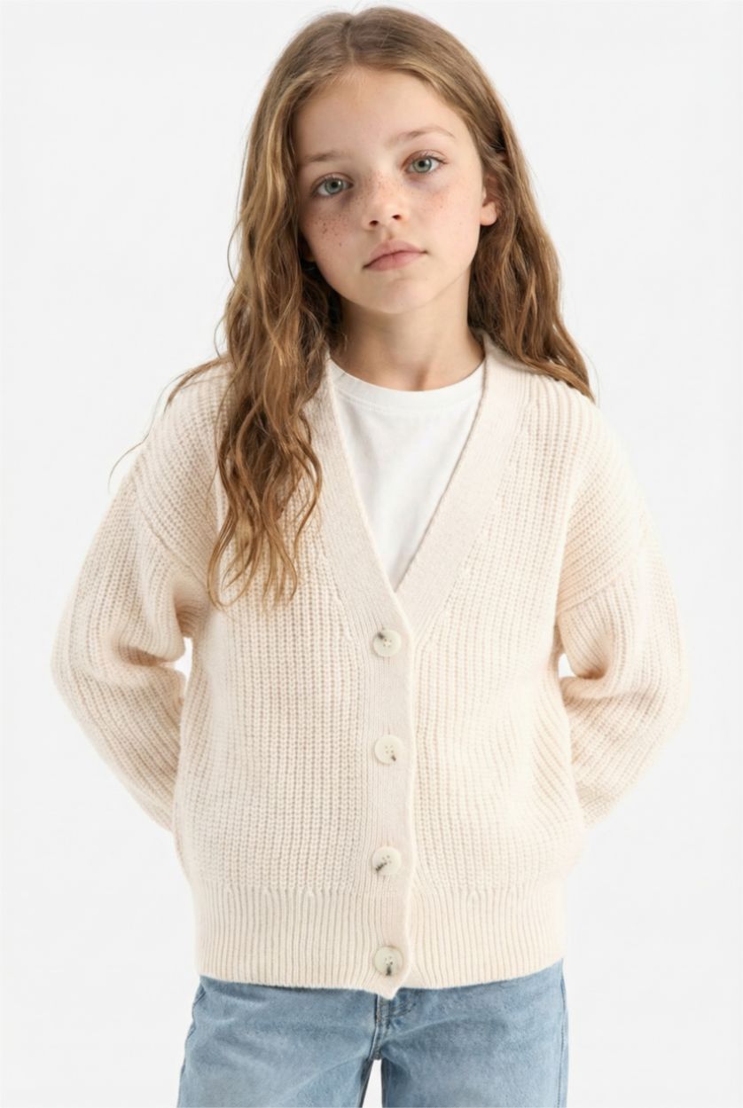 Kız Çocuk - Genç Kız Ekru V Yaka Düğmeli Triko Hırka Kız Çocuk