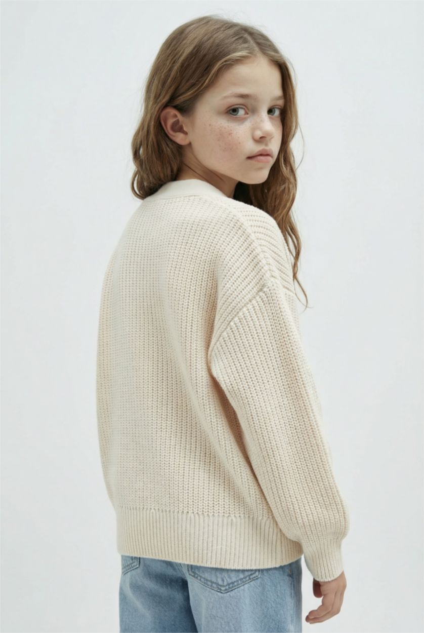 Kız Çocuk - Genç Kız Ekru V Yaka Düğmeli Triko Hırka Kız Çocuk