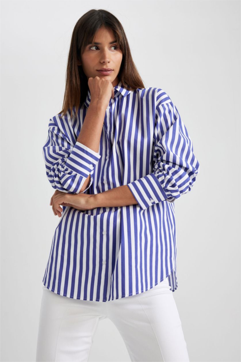 WOMAN Blue Oversize Fit Poplin Long Sleeve Shirt