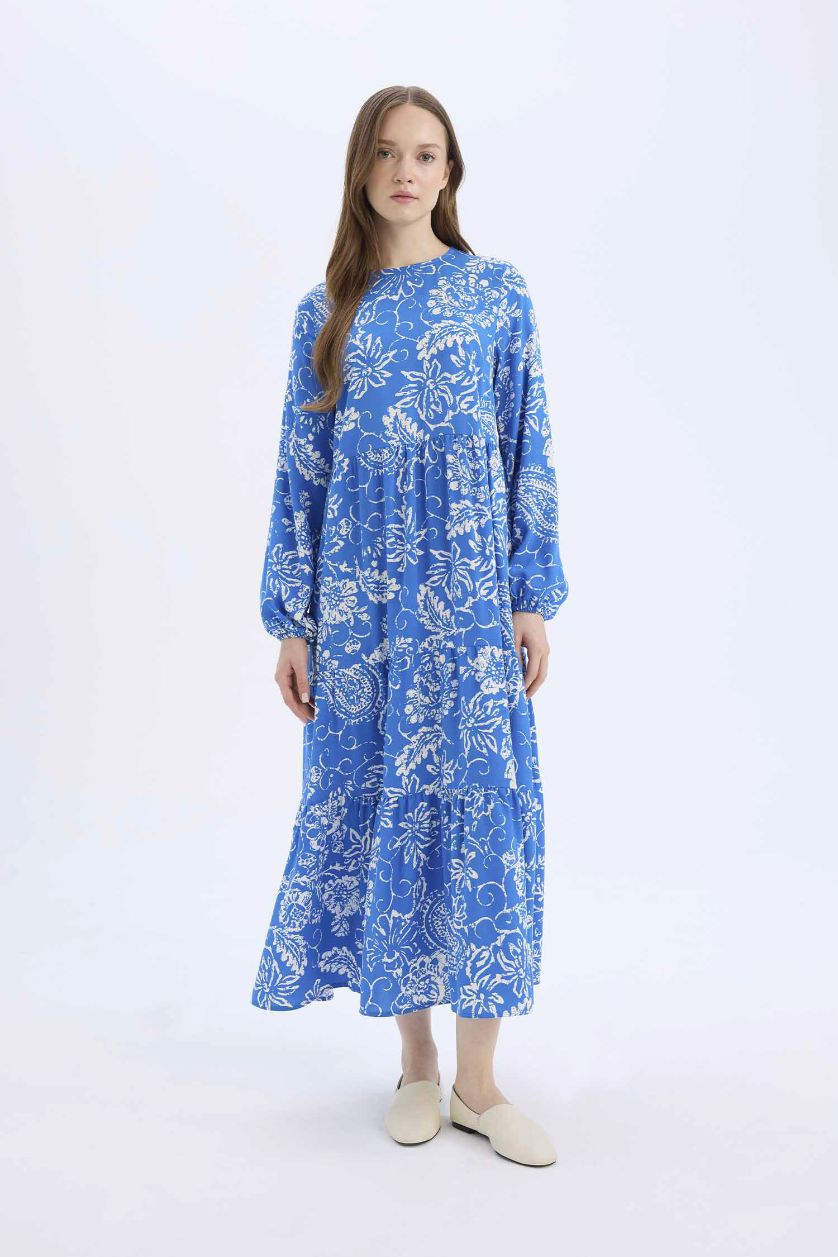 Woman Royal Crew Neck Patterned Long Sleeve Maxi Dress