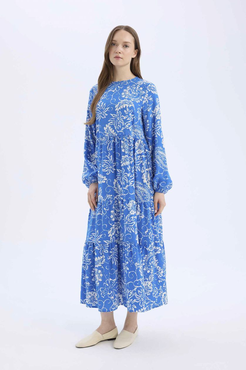 Woman Royal Crew Neck Patterned Long Sleeve Maxi Dress