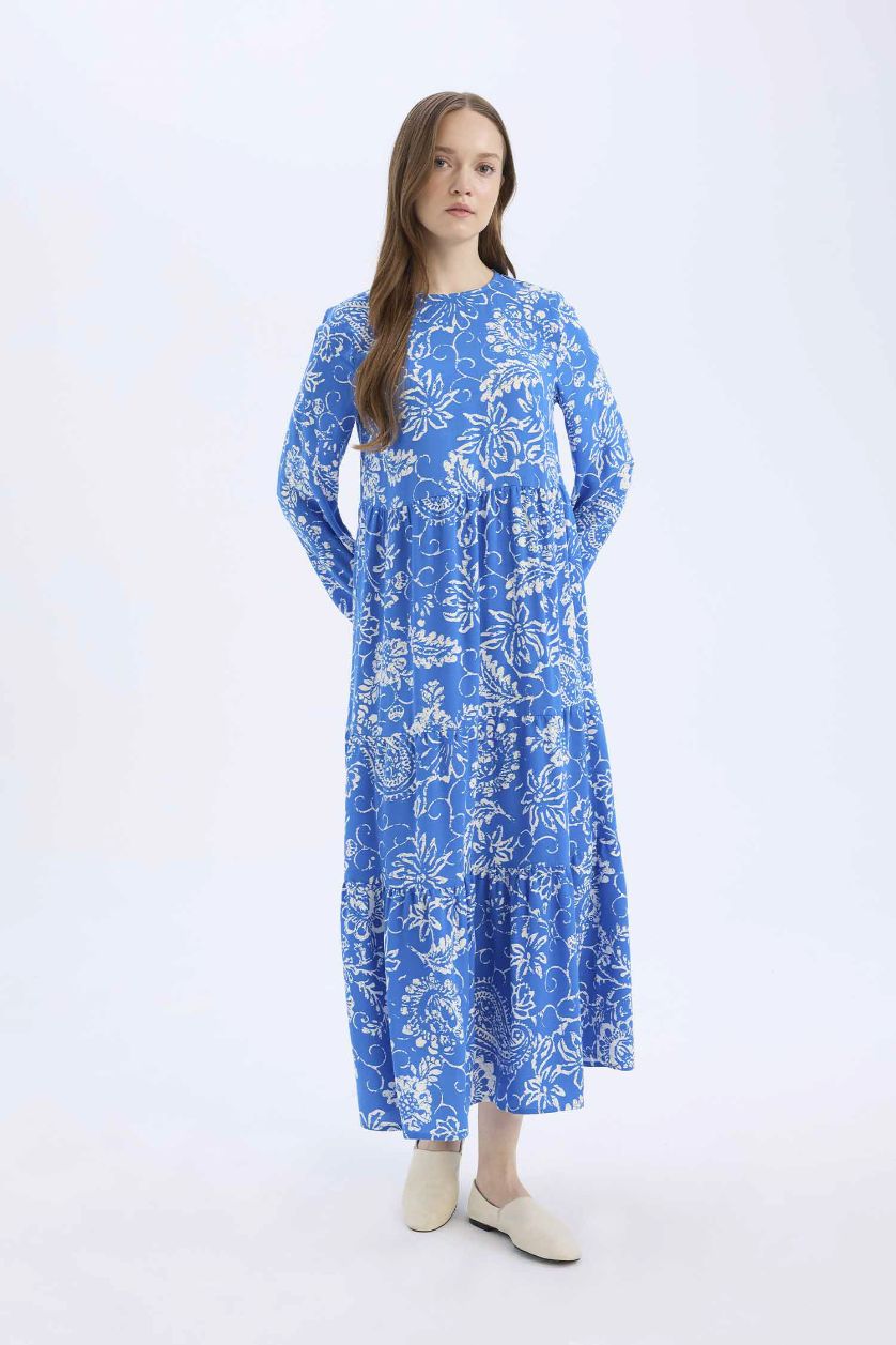 Woman Royal Crew Neck Patterned Long Sleeve Maxi Dress