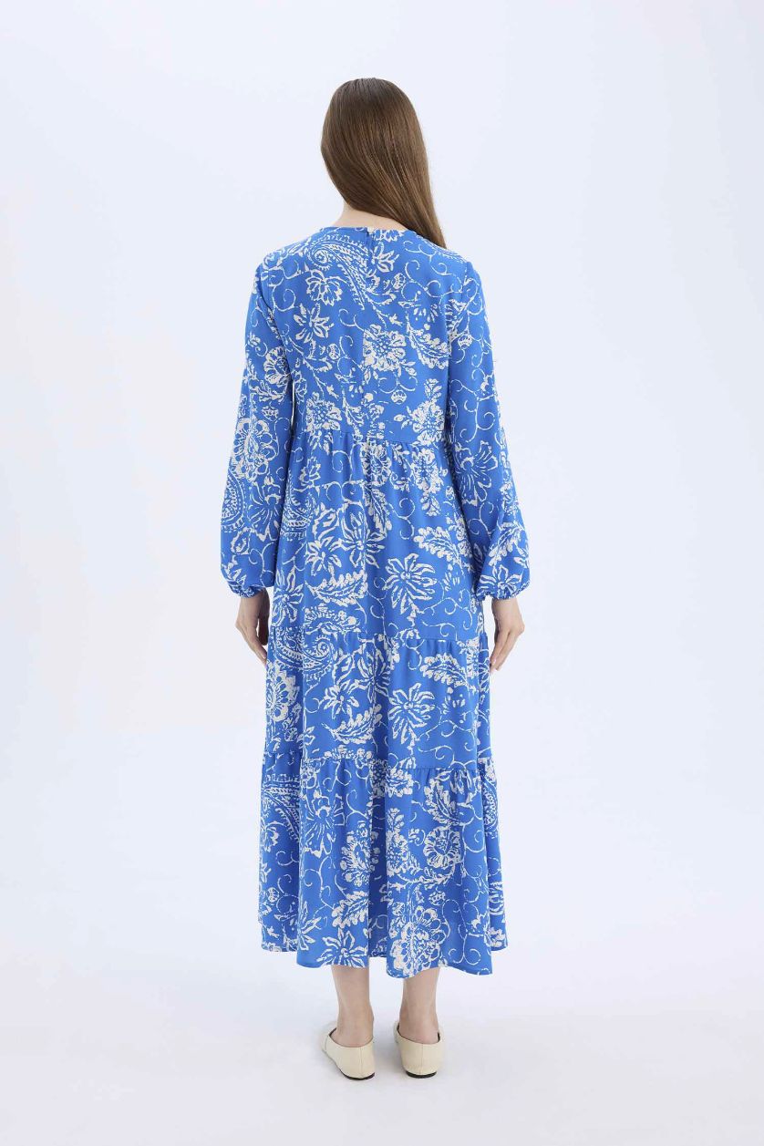 Woman Royal Crew Neck Patterned Long Sleeve Maxi Dress