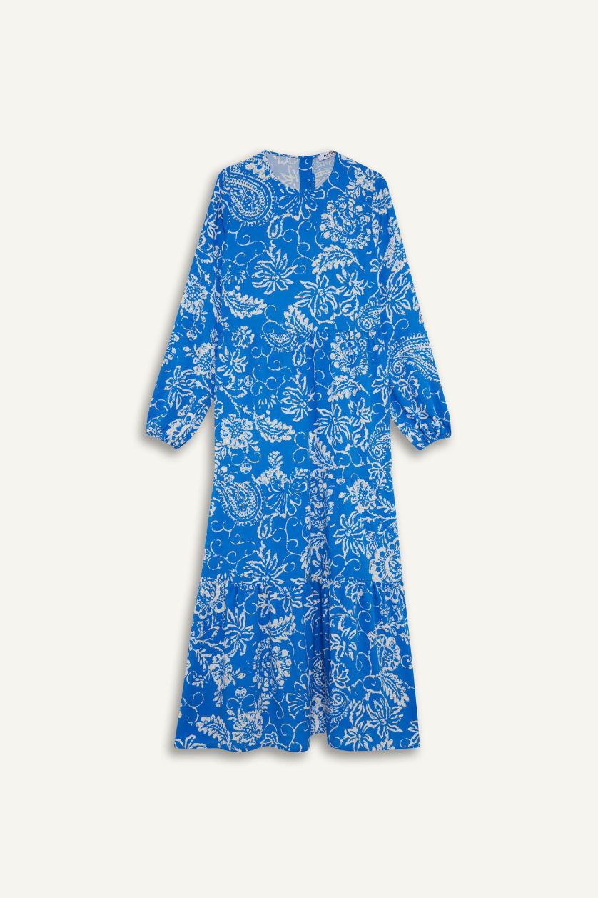 Woman Royal Crew Neck Patterned Long Sleeve Maxi Dress