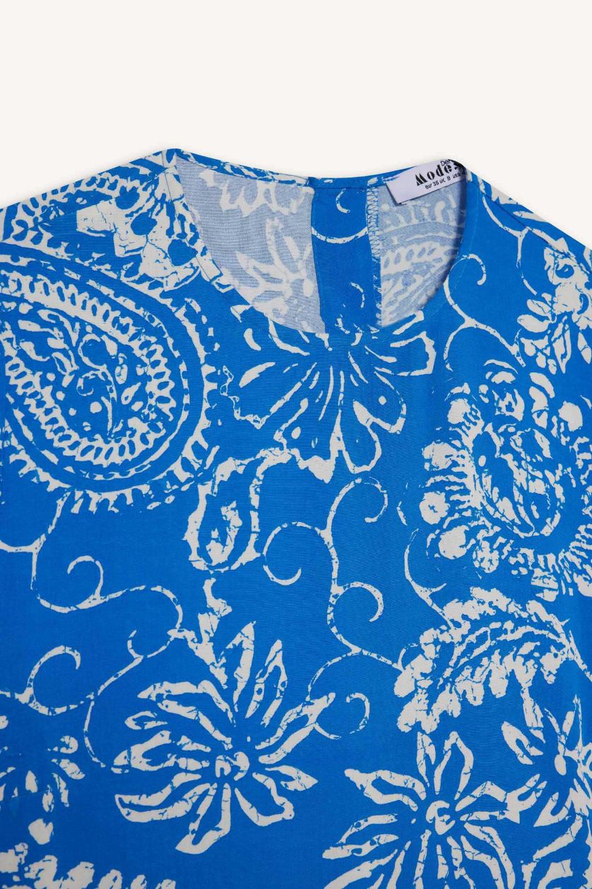 Woman Royal Crew Neck Patterned Long Sleeve Maxi Dress