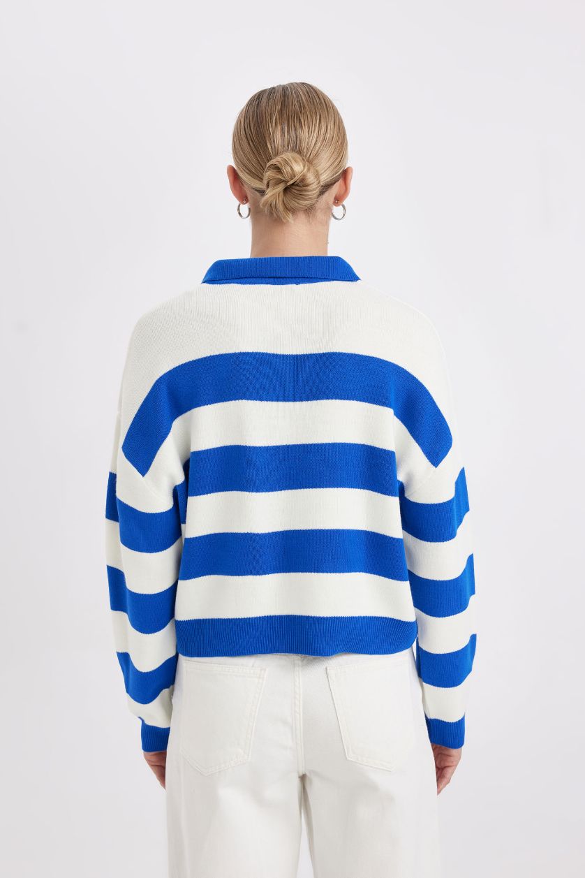 نساء اللون الملكي بلوز صوف تريكو مخطط قصة عادية بياخة بولو