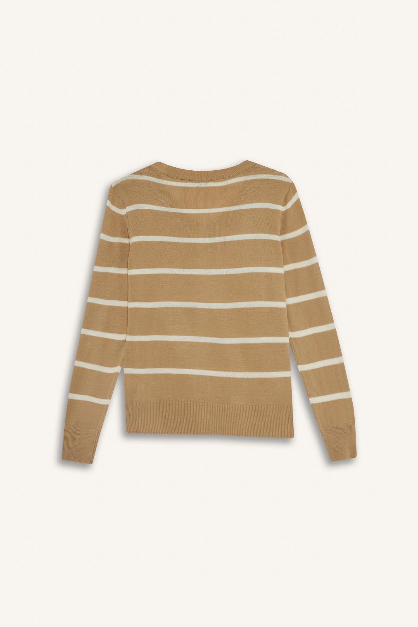 Kadın Bej Relax Fit V Yaka Yumuşak Dokulu Çizgili Triko Kazak