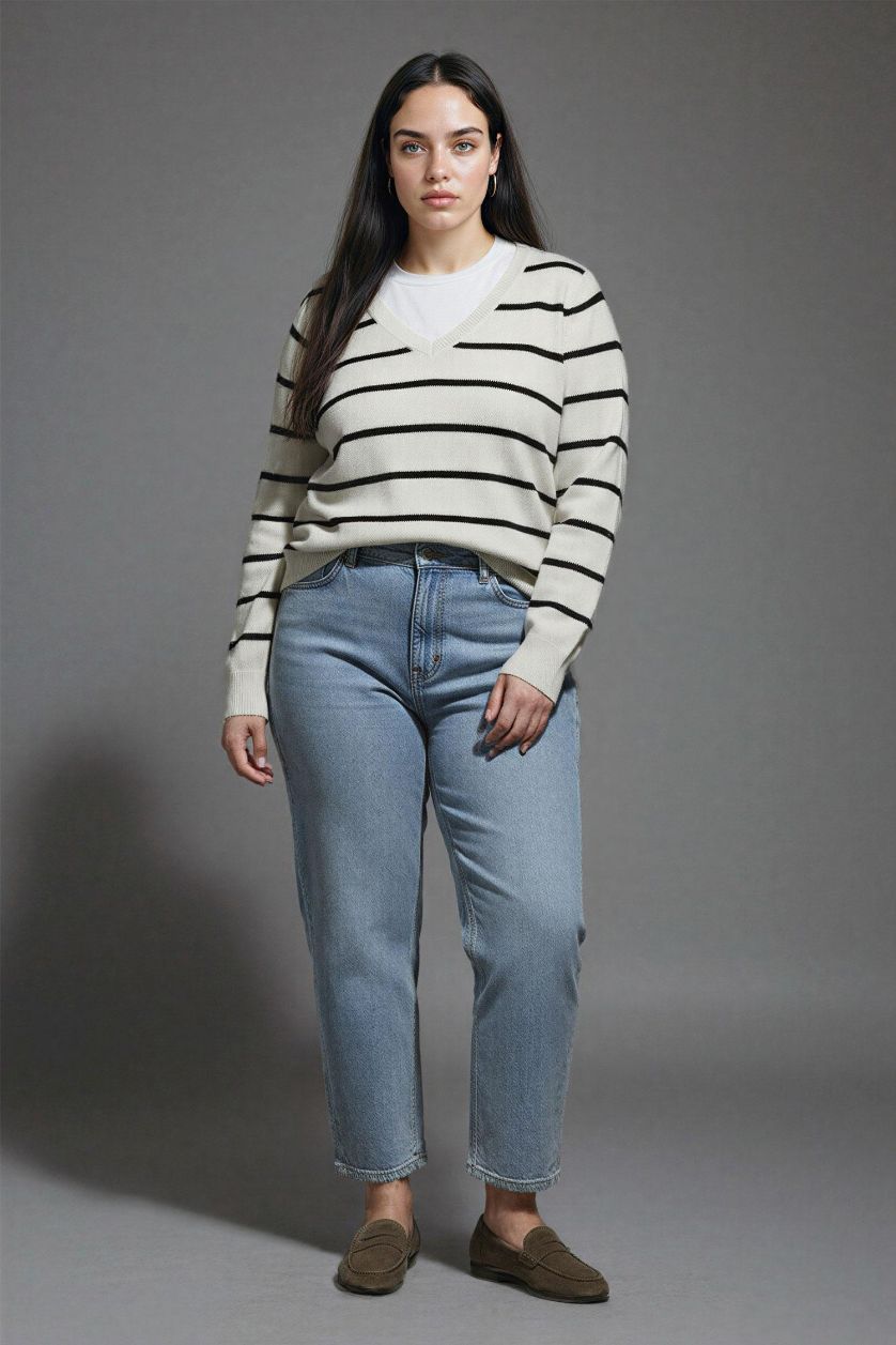 FEMME Écru Pull tricot rayé à col V