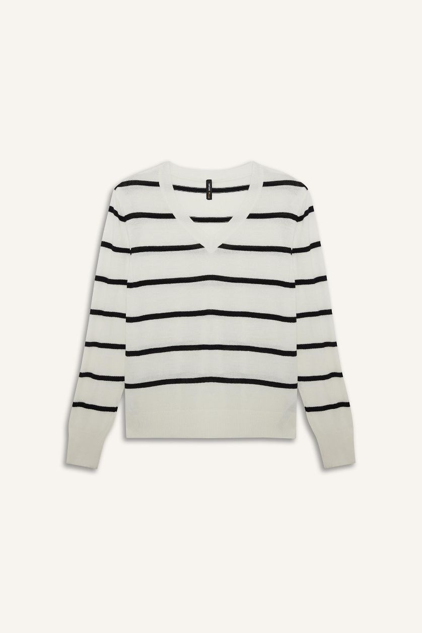 FEMME Écru Pull tricot rayé à col V