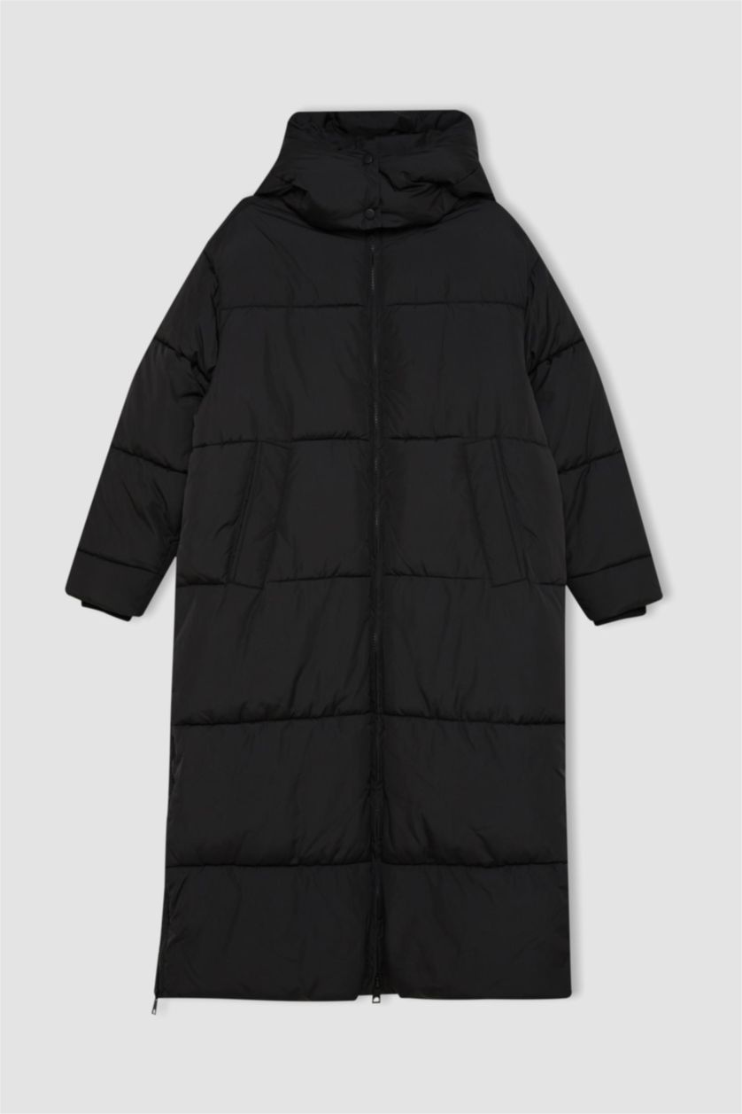Kadın Siyah Su Geçirmez Uzun Şişme Mont Parka Isı Yalıtımlı Kapüşonlu Kapitoneli Fermuarlı Cepli