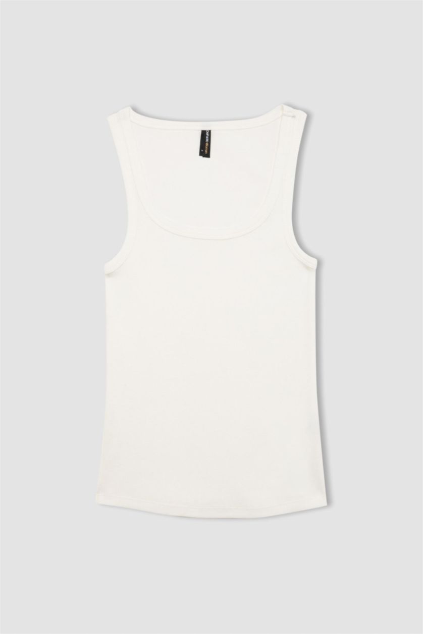 Kadın Ekru Slim Fit Dar Kesim Basic Düz Yuvarlak Yaka Fitilli Kaşkorse Atlet