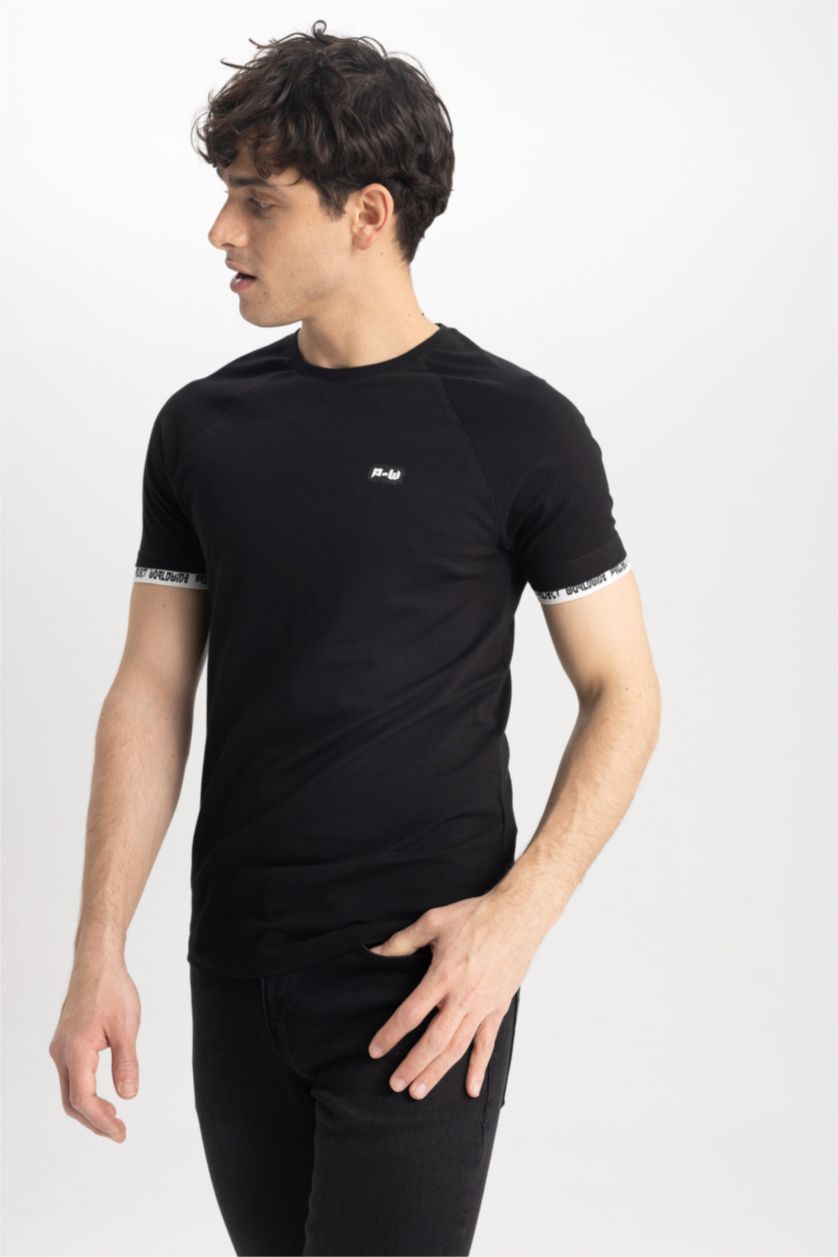 HOMME Noir T-Shirt imprimé Col Ras Du Cou