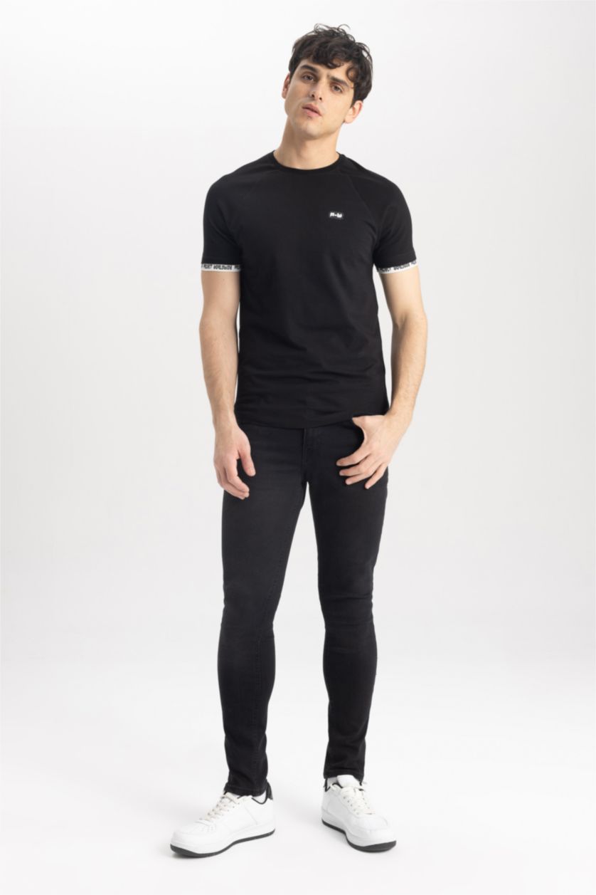 HOMME Noir T-Shirt imprimé Col Ras Du Cou