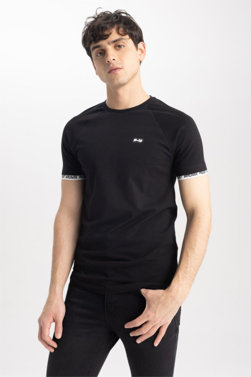 HOMME Noir T-Shirt imprimé Col Ras Du Cou
