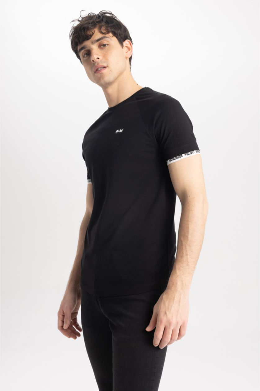 HOMME Noir T-Shirt imprimé Col Ras Du Cou