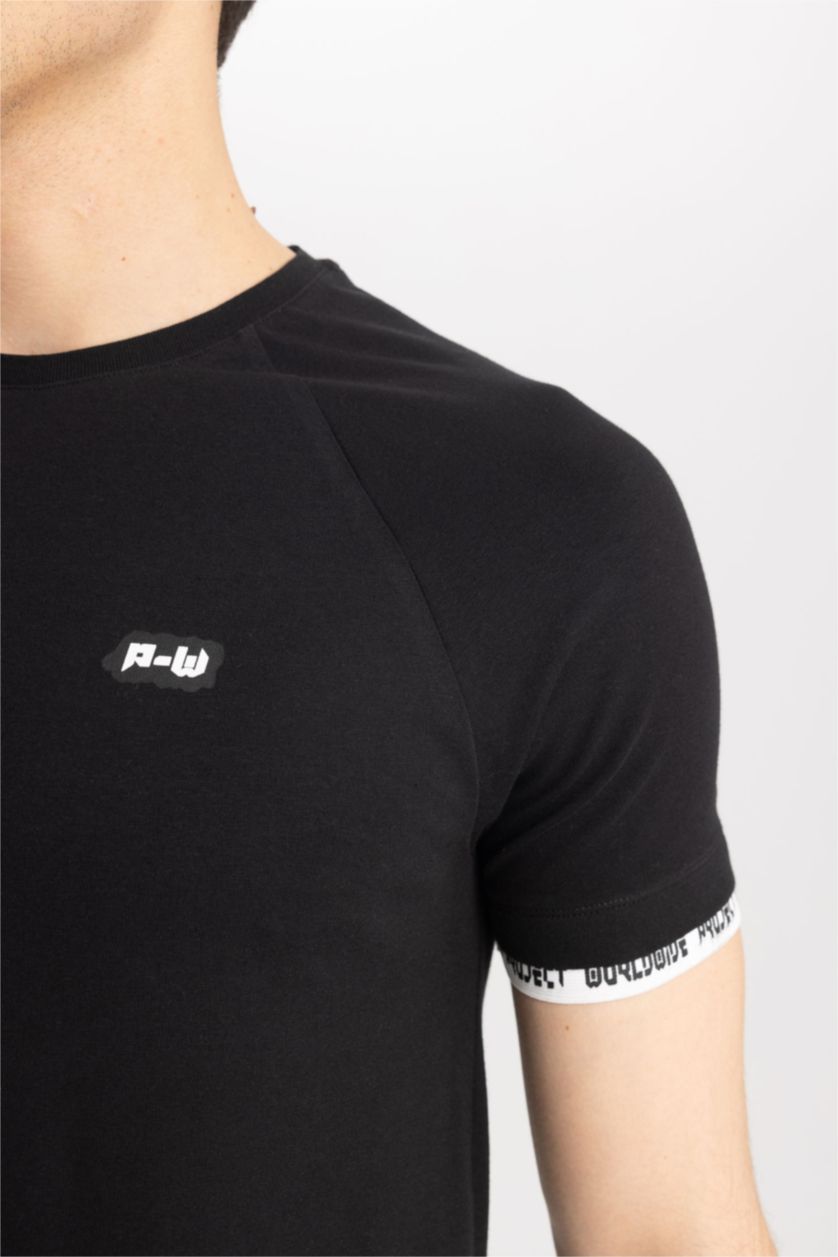 HOMME Noir T-Shirt imprimé Col Ras Du Cou