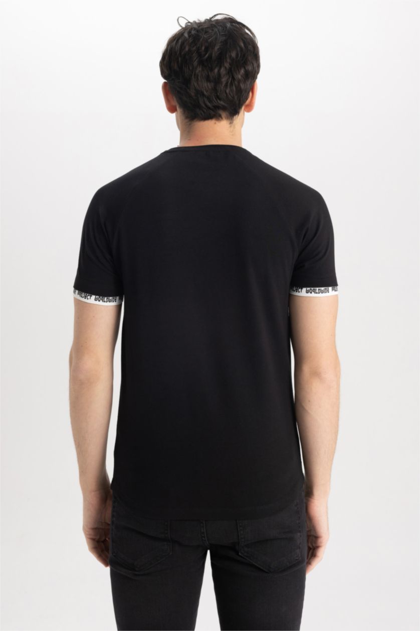 HOMME Noir T-Shirt imprimé Col Ras Du Cou