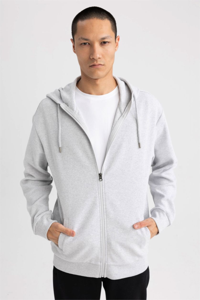 MAN Grey Melange Comfort Fit Hooded Zippered Cardigan