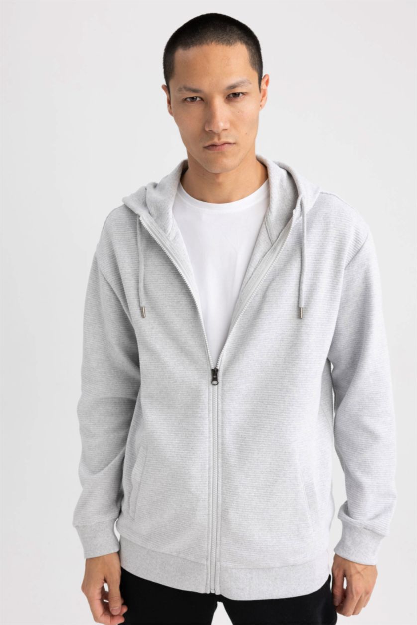 MAN Grey Melange Comfort Fit Hooded Zippered Cardigan