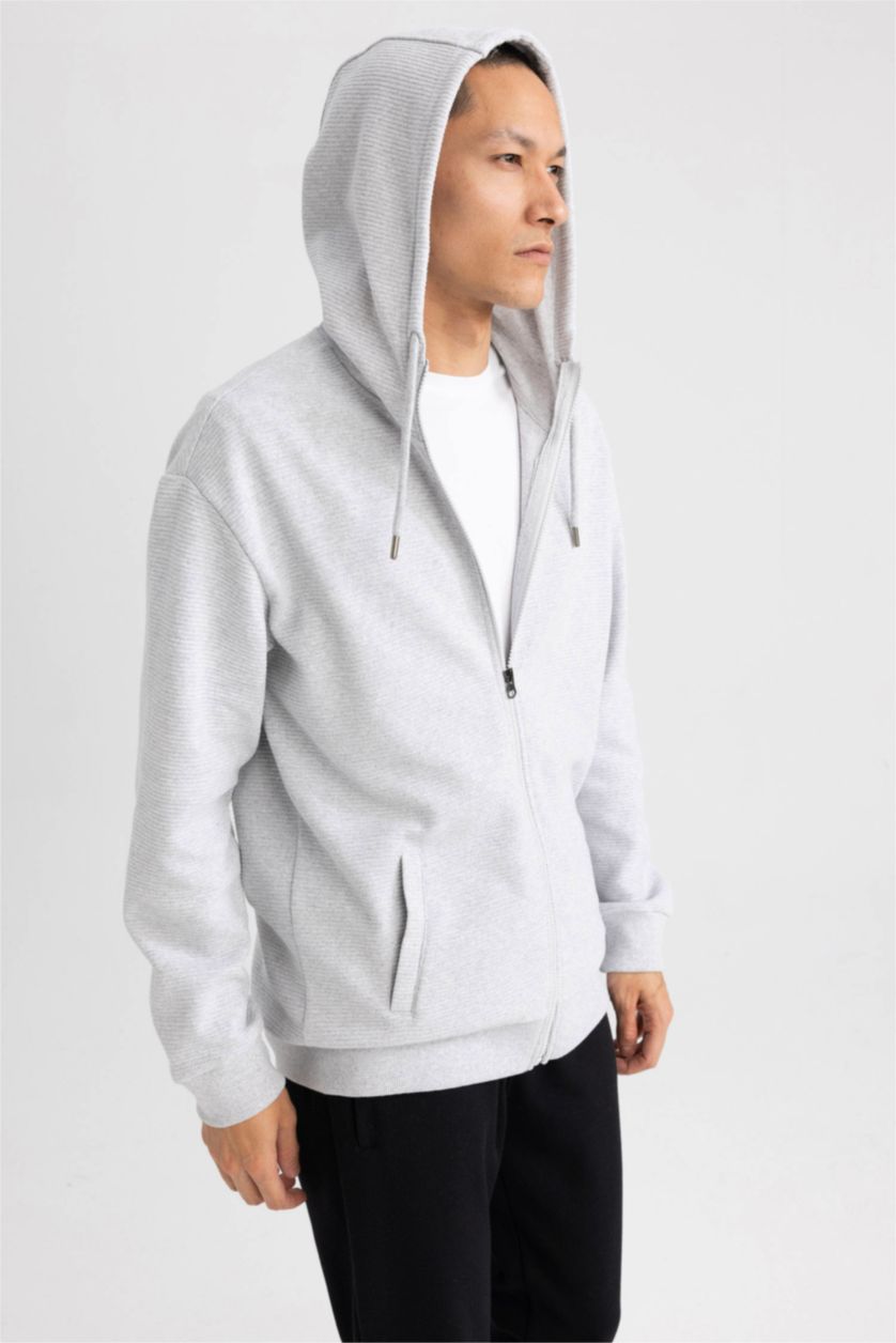 MAN Grey Melange Comfort Fit Hooded Zippered Cardigan