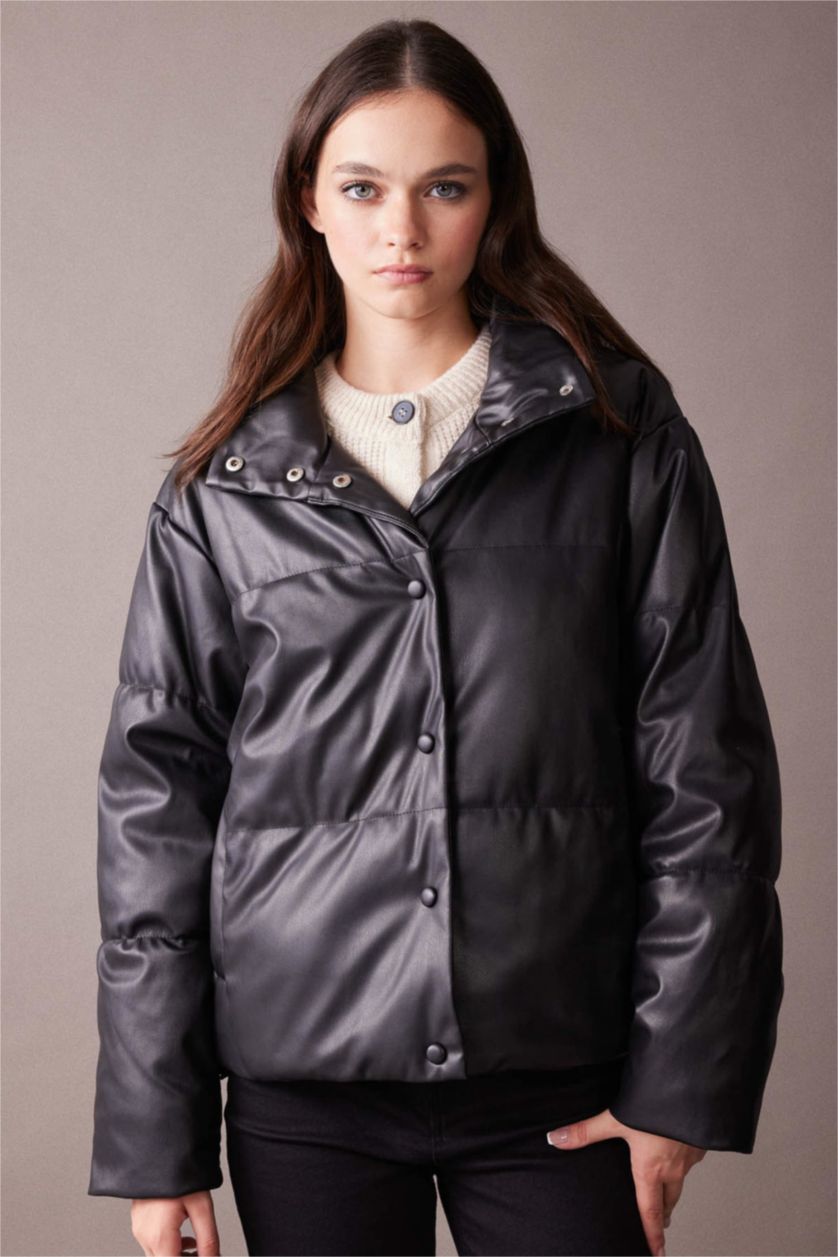 WOMAN Black Waterproof Relax Fit Faux Leather Puffer Jacket