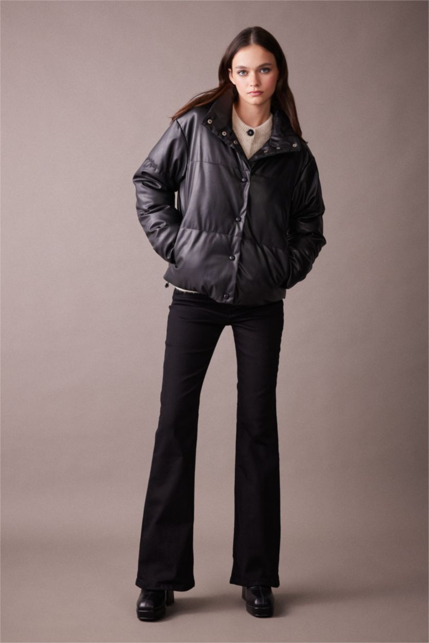 WOMAN Black Waterproof Relax Fit Faux Leather Puffer Jacket